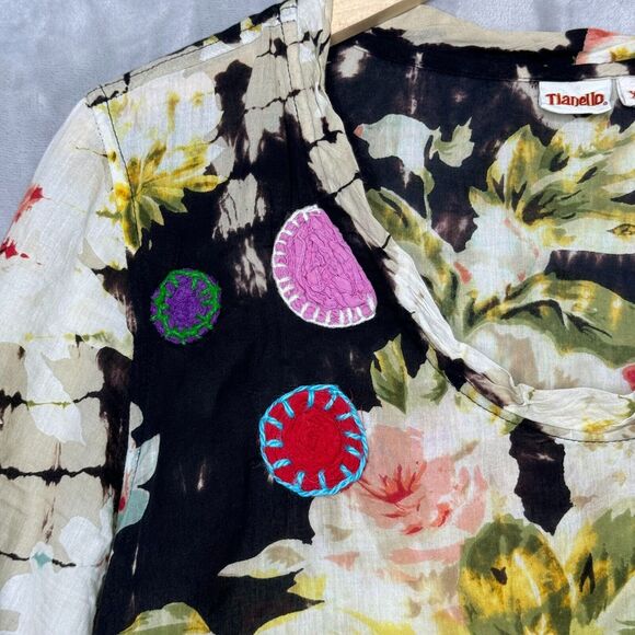 Tianello Top Womens XS Colorful Floral Embroidered Cotton Short Sleeve Boho - Picture 4 of 11